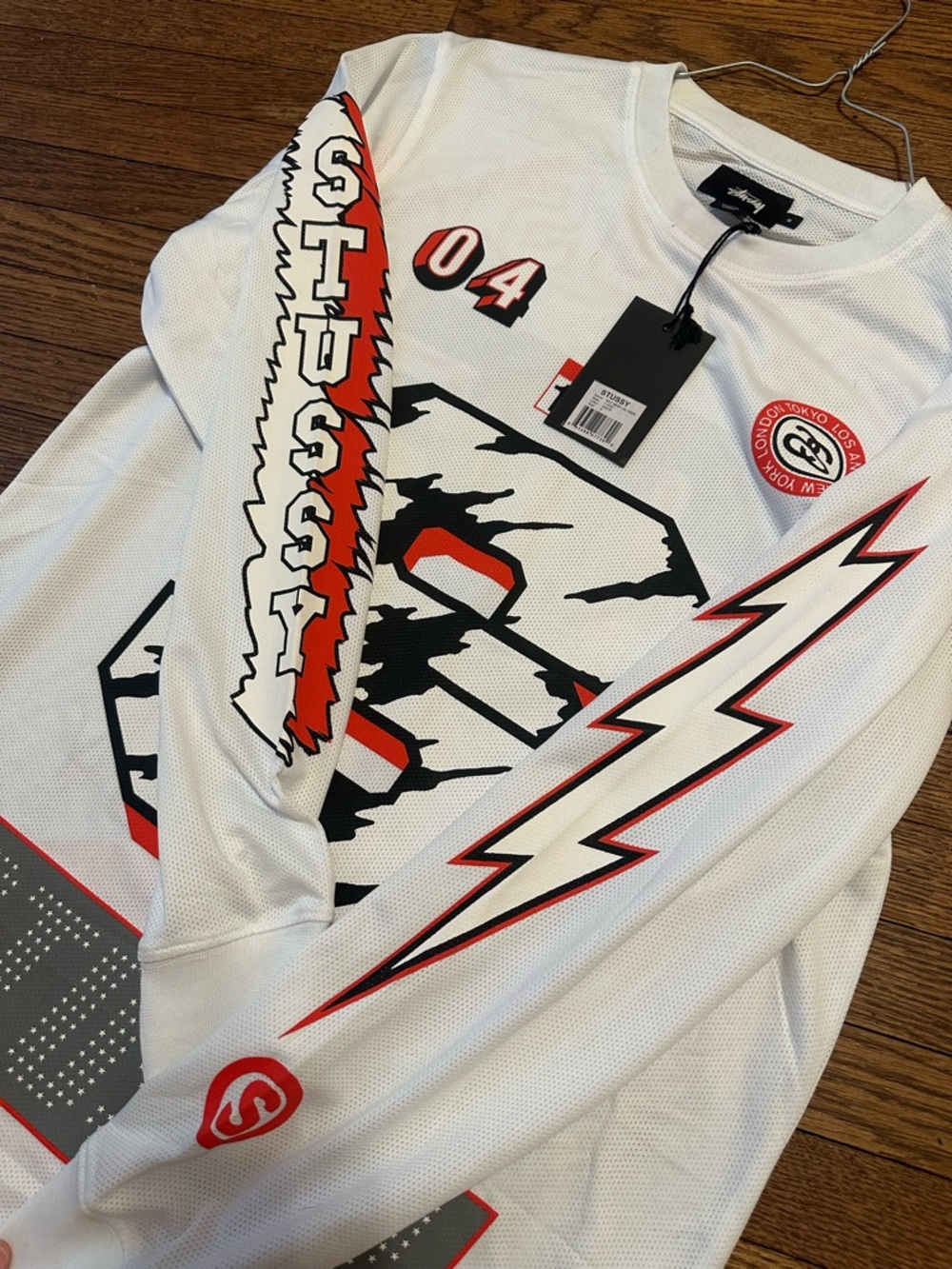 Stussy White Long Sleeve Tee with Black & Red Graphic 'S' - Picture 8 of 8